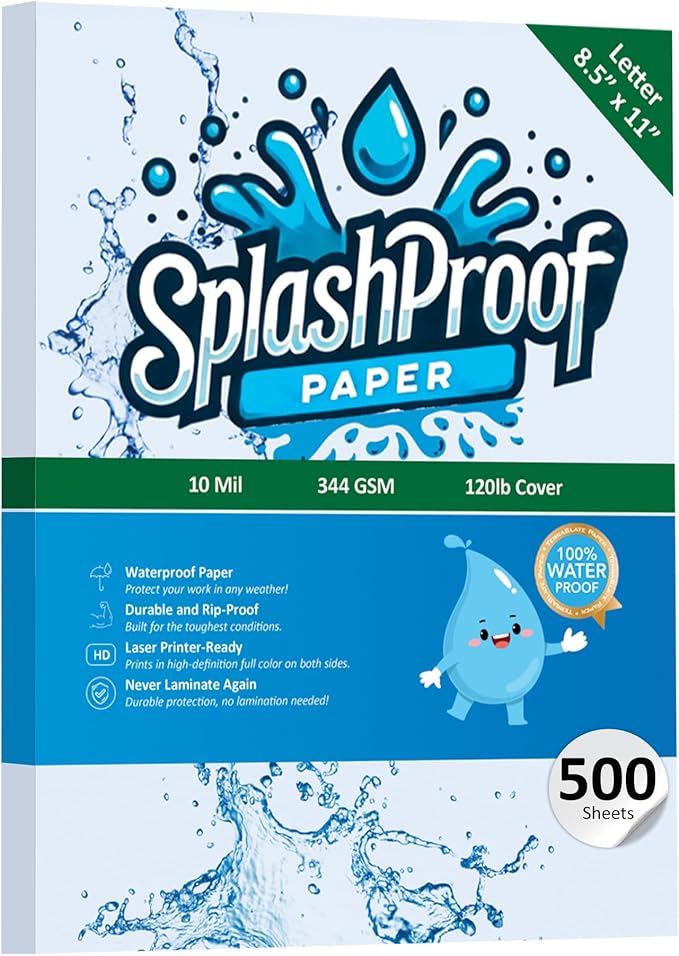 Printer Paper - 8.5" x 11", 10 Mil Thick Waterproof Paper, Laser Printer & Copy Machine Compatible (500 Sheets)