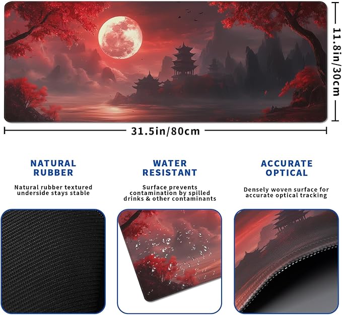 Red Landscape Mouse Pad Abstract Red Mouse Pad 31.5x11.8 Inch Landscape Texture Non-Slip Rubber Base Large Mousepad Stitched Edges Keyboard Mouse Mat Desk Pad for Office and Home