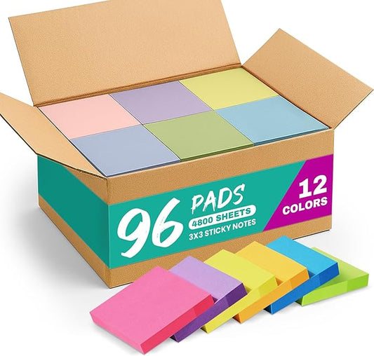96 Pads Sticky Notes, 3x3 inches, Soft Pastel Self-Stick Note Pads, Perfect for Office, Study, and Daily Life Organization - 96 Pack