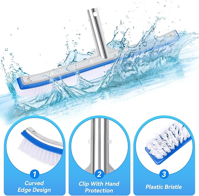 18'' Heavy Duty Swimming Pool Brush – Plastic Bristles, Curved Edge for Cleaning Walls, Tiles, Floors, Steps – Fits Inground & Above Ground Pools