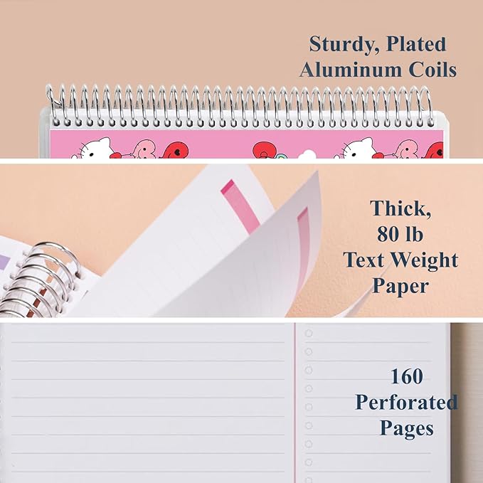 Erin Condren 7" X 9" Spiral Bound Productivity Notebook, Hello Kitty Balloons, Functional 160 Lined Page and 80Lb Thick Paper Spiral Notebook, Stickers Included