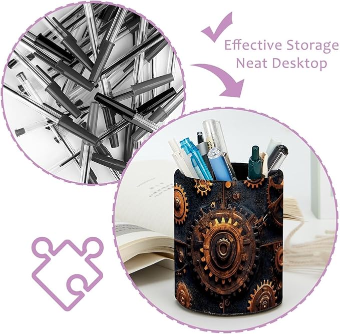Pen Holder for Desk, Steampunk Gears background (2) Pencil Holder Pen Cup Marker Holder Makeup Brush Holders, Desk Accessories & Workspace Organizers for Home, School & Office