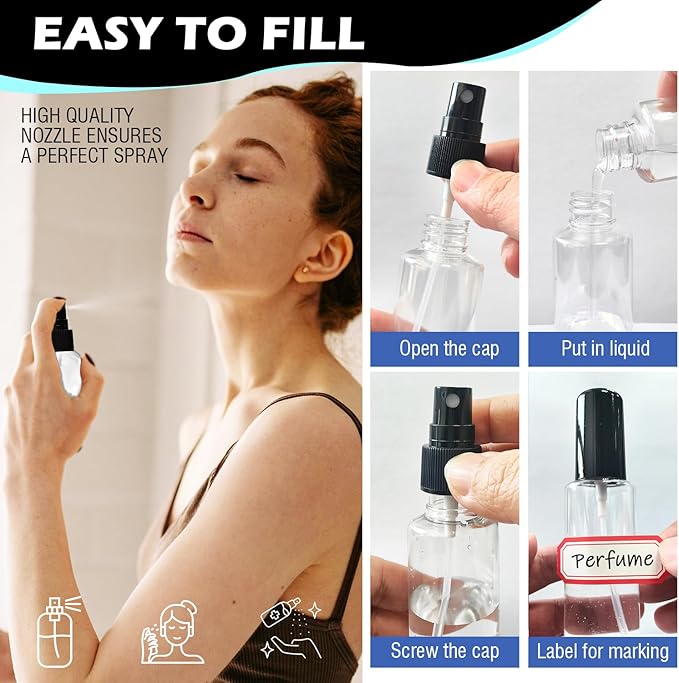 5 Pack 2oz/55ml Plastic Spray Bottles Mini Travel Spray Bottle with Black Cap Empty Fine Mist Spray Bottles Refillable Liquid Container for Perfumes Travel Makeup