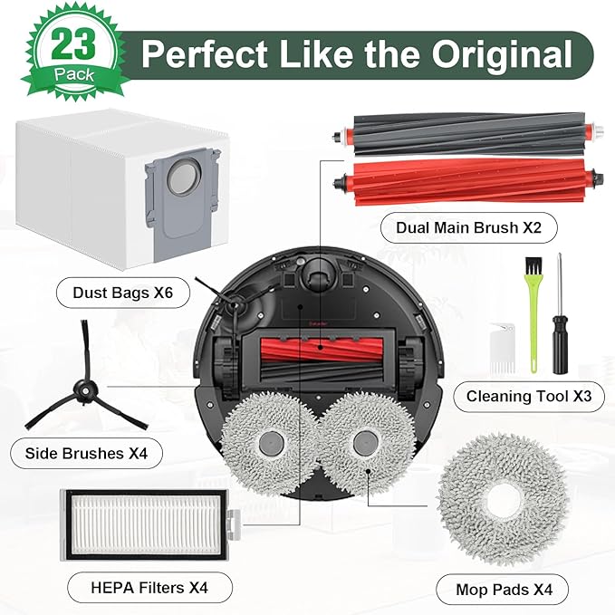 RUKHOOL Qrevo Slim Replacement Accessories for Roborock Qrevo Master/Qrevo Slim Replacement Parts Q revo Master Accessory Kit, 2 Main Brushes, 6 Dust Bags, 4 Filters, 4 Mop Pads 4 Side Brushes