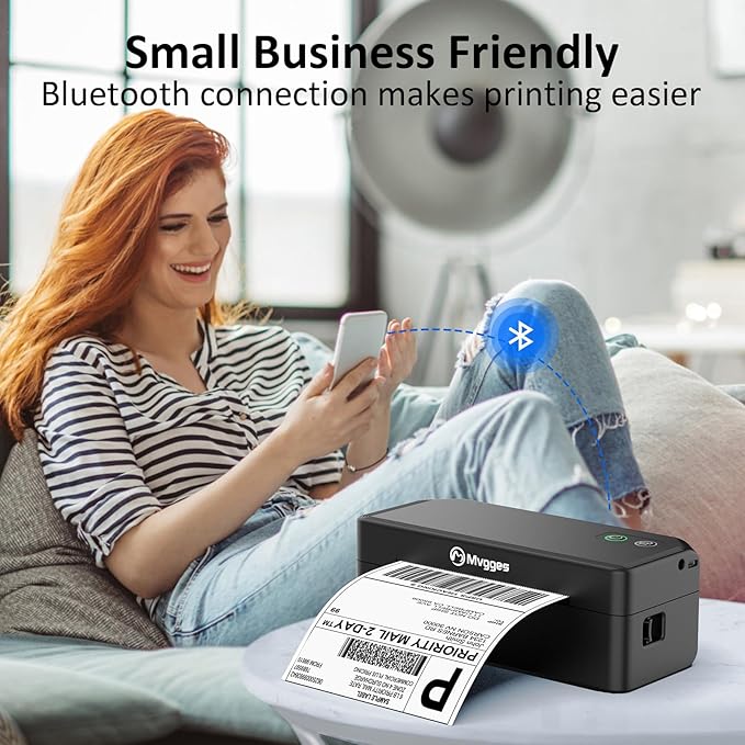Mvgges Shipping Label Printer,Bluetooth 4x6 Thermal Label Printer for Small Business Office or Home, Compatible with Android, iOS, Windows and Mac, Widely Used for Amazon,Ebay,USPS,Etsy