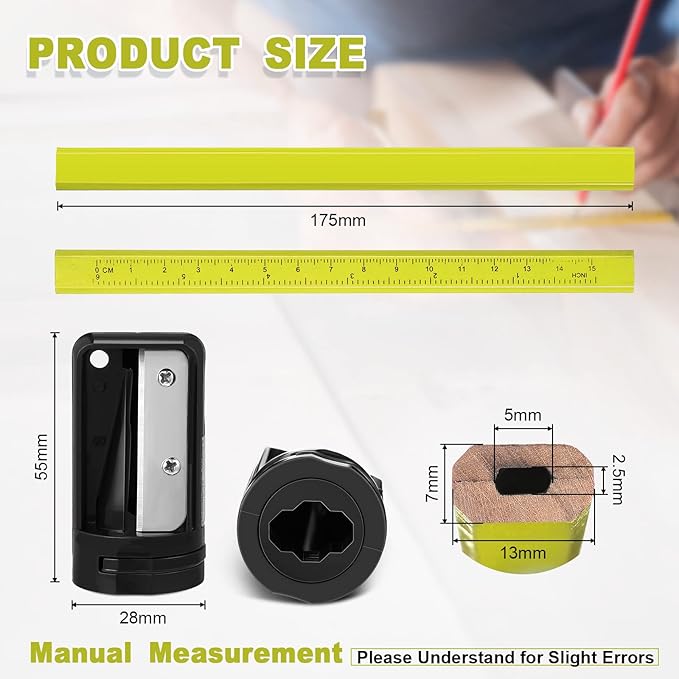 Honoson 200 Pcs Flat Construction Pencils with Printed Ruler Wood Graphite 2 Pcs Carpenter Pencil Sharpener for Woodworking Marking Tool(Yellow)