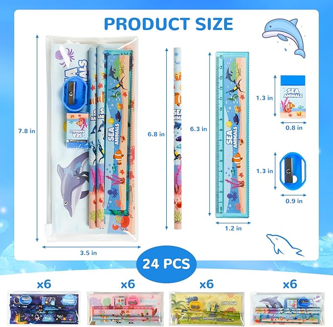 24 Sets Back to School Gifts Cute Stationery Set Back to School Supplies First Day of School Bithday Gifts Including Pencils Eraser Ruler Sharpeners for Classroom Rewards