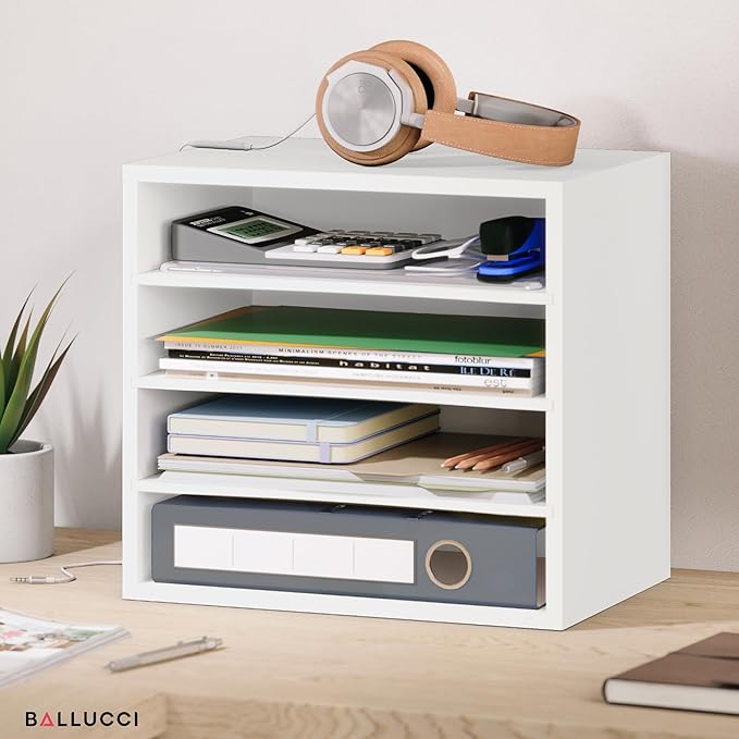 Ballucci 4-Tier Paper Organizer for Desk, Stackable Organizer Tray, Desk Storage Shelves, Stacking Letter Paper Tray Sorter for Classroom, Office, White