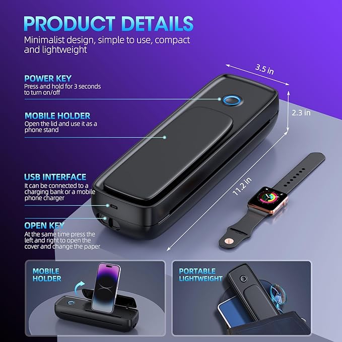 Aixiqee Inkless Portable Wireless for Travel - High Resolution, 4200mAh Battery, Thermal Mini Printer for A4/A5/US Letter, Bluetooth & USB, Lightweight Wireless Printer for Home/Office