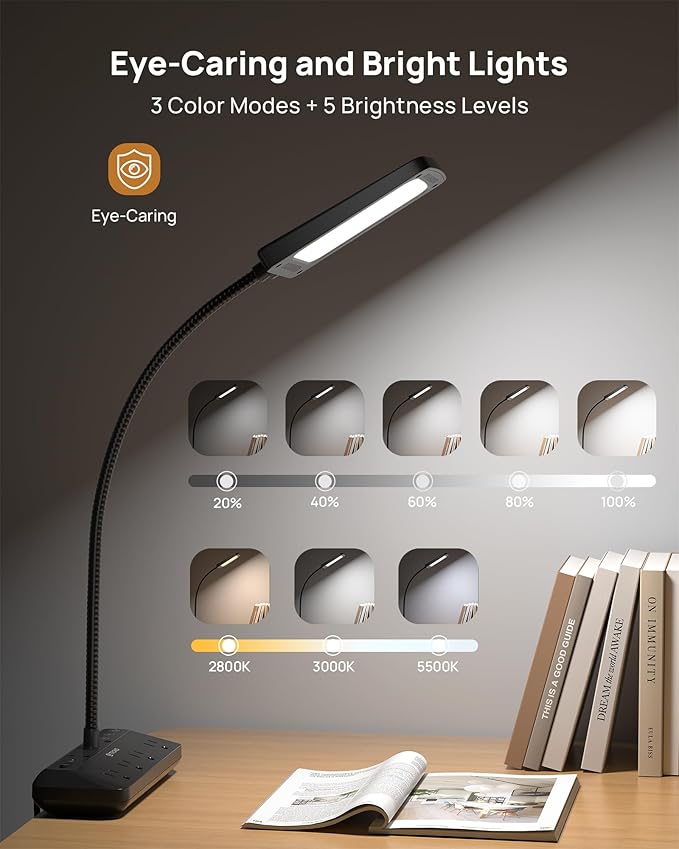 TROND LED Desk Lamp with Clamp Power Strip - Eye Caring Desk Light with 4 Surge Protector Outlet, 15 Lighting Mode, 6ft Flat Plug Extension Cord, Gooseneck for Home Office College Dorm Room Essentials