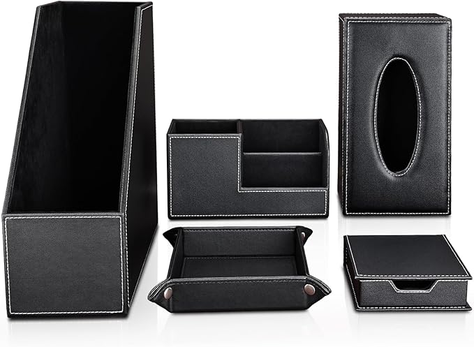 KINGFOM 5 PCS/SET Pu Leather Desk Organizer File Holder Accessories, Magazine Storage Rack+Desktop Pen&Pencil Holder+Tissue Box Cover+Leather Jewelry Accessories Tray