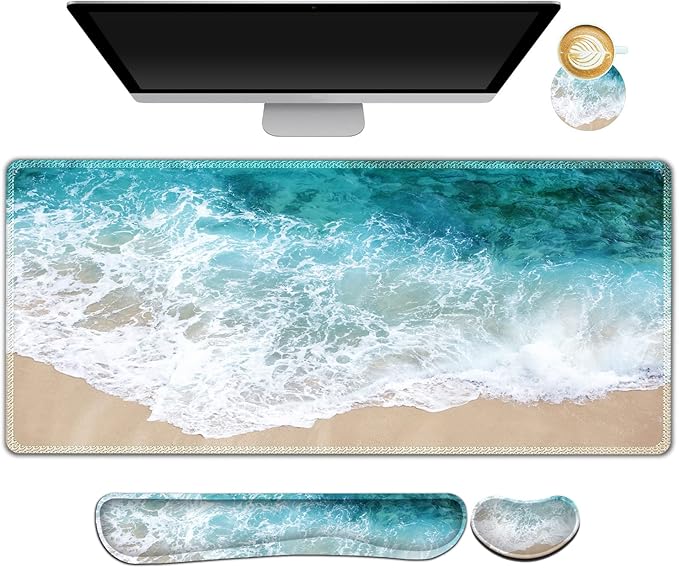 ARTSO Extended Gaming Mouse Pad Set, Keyboard Wrist Rest Support Pad + Wrist Cushion + XXL Large Mouse Pad + Coaster, Stitched Edge, Non-Slip, Memory Foam Desk Mat, Beach Waves