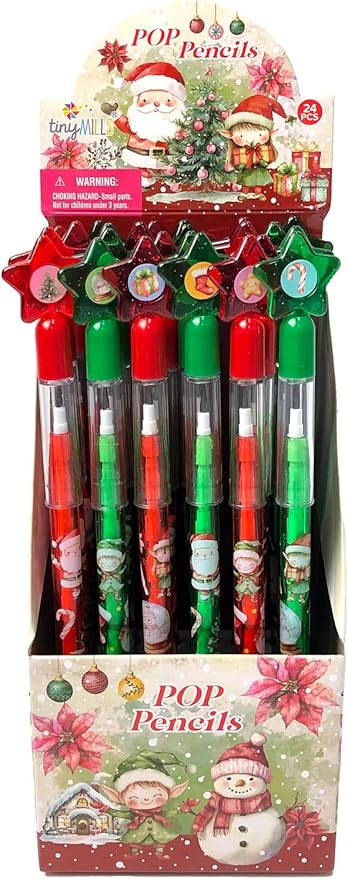 TINYMILLS Christmas Pop Pencils, 24 Pack Holiday Mechanical Pencils with Star Toppers, Red and Green Colors, Party Favors, Stocking Stuffers, School Rewards