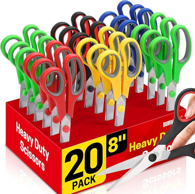 8" 20 Pack All Purpose Heavy Duty Scissors- Comfort-Grip Sharp Scissors for Office School Sewing Fabric Craft High/Middle School Student Teacher Scissor, Right/Left Hand