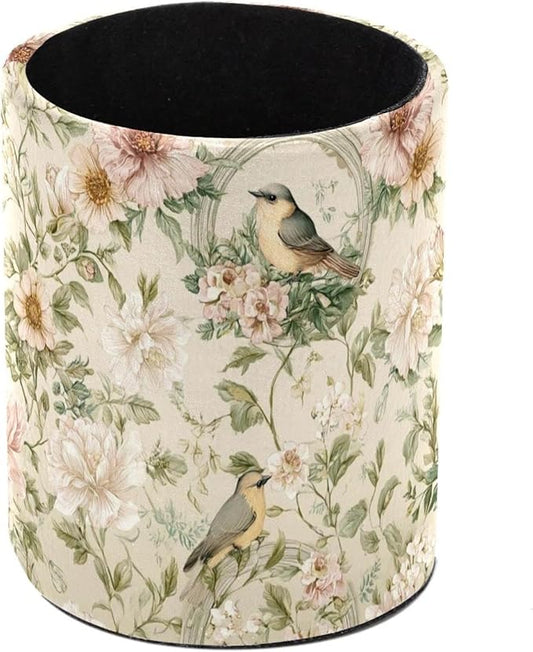 Leather Pen Holder for Desk Trees Leaf Birds Pretty Pencil Cup Desktop Organizer Makeup Brush Holders Office Supplies for Home, Kids & School