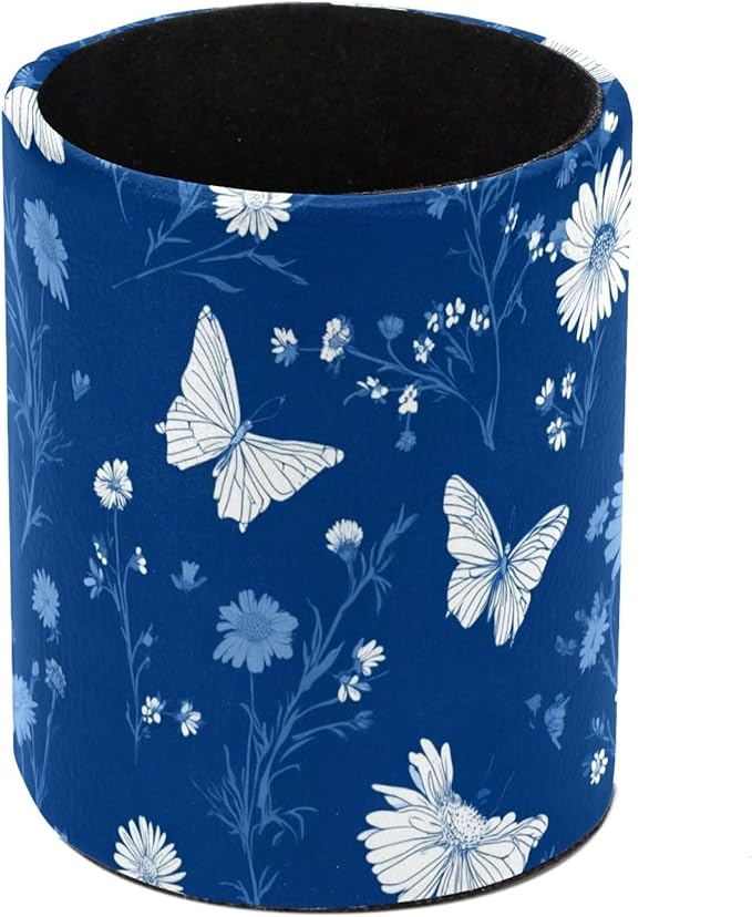 Leather Pen Holder for Desk Blue Butterfly Pencil Cup Desktop Organizer Makeup Brush Holders Office Supplies for Home, Kids & School