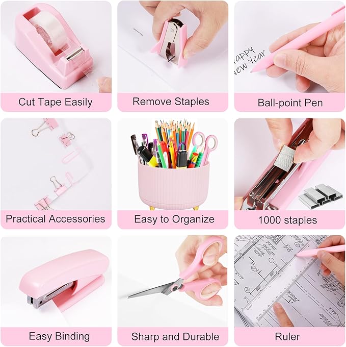 Pink Desk Organizers and Accessories 10Pcs Set with 360-Degree Rotating Pen Holder, Tape Dispenser, Stapler, Staple Remover, 1000 Staples, Tape, Clips Set, Ruler, Scissor, Pen (Pink)