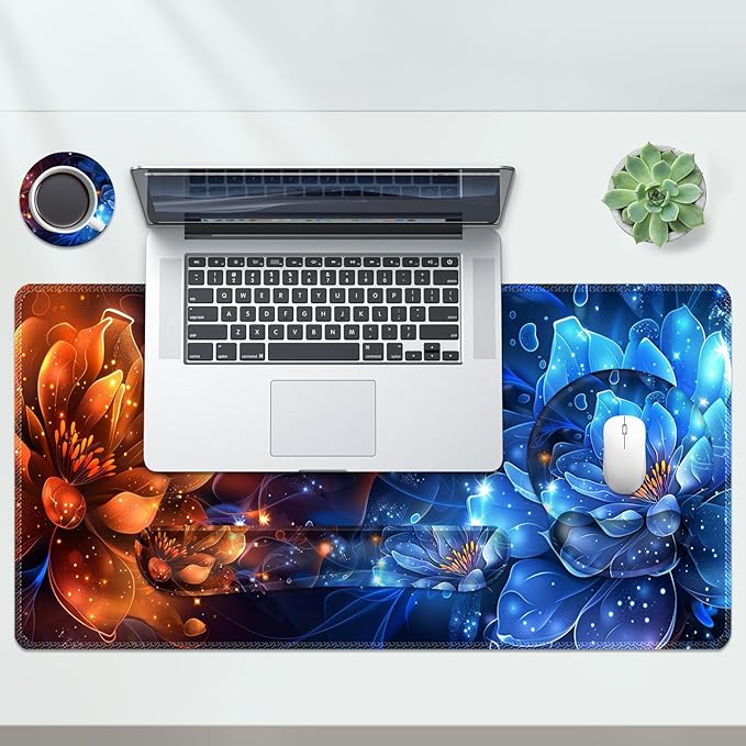 AIMSA Desk Mat Set, Large Gaming Mouse Pad with Wrist Rest, Ergonomic Mouse Pad and Keyboard Mat Wrist Support for Home Office Desk Accessories Decor -Fire and Ice Flower