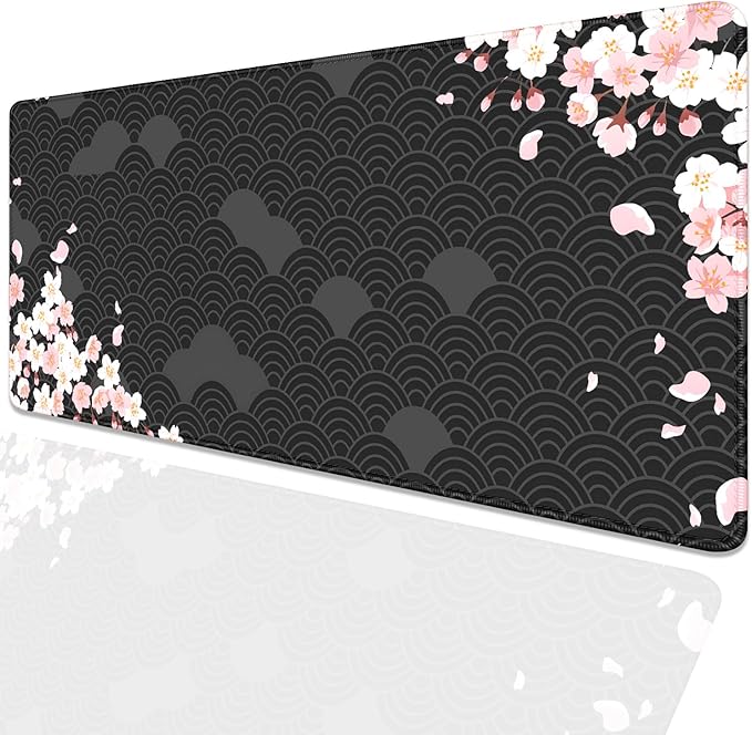 Black Watercolor Cherry Blossom Desk Pad Mouse Pad,Large Gaming Mouse Mat with Stitched Edges,Non-Slip Waterproof Rubber Base Mousepad for Office Work Home Desk Mat(27.5X11.8 in)