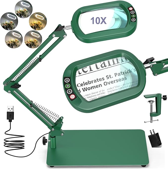 10X Square Magnifying Glass with Light and Stand, Real Glass LED Lighted Magnifier, 5 Color Modes Stepless Dimmable, Hands-Free Mag Desk Lamp with Clamp for Reading Craft Hobby Close Work - Green