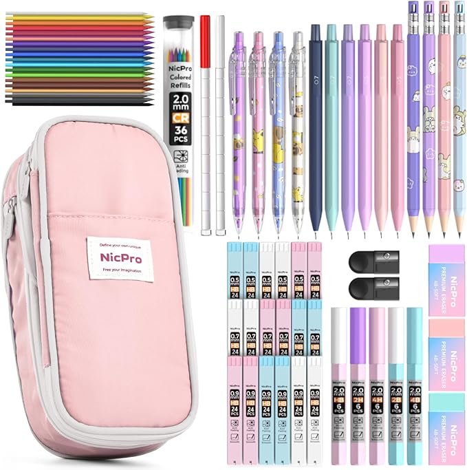 Nicpro 45PCS Aesthetic School Supplies with Pencil Case, Mechanical Pencil Set 0.5, 0.7, 0.9, 2mm with 462 PCS Lead Refills, Back to School Supplies For Writing Drawing, Ideal Stationary Set for Girls