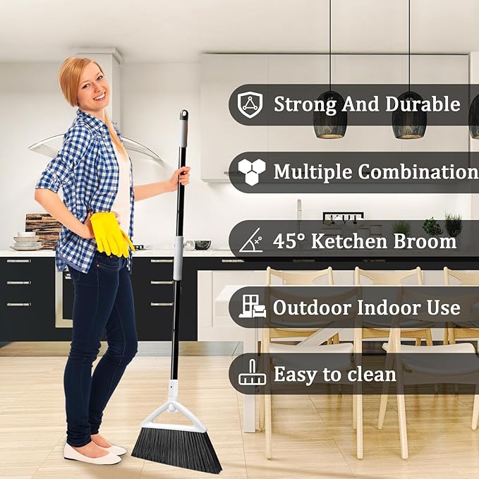 Szjyhqy Outdoor Indoor Broom, Brooms for Sweeeping Indoor, Heavy-Duty Kitchen Broom with Long Pole, Angle Broom White for Garages Restaurant Courtyard Office Slidewalk Lobby Sweep Dust