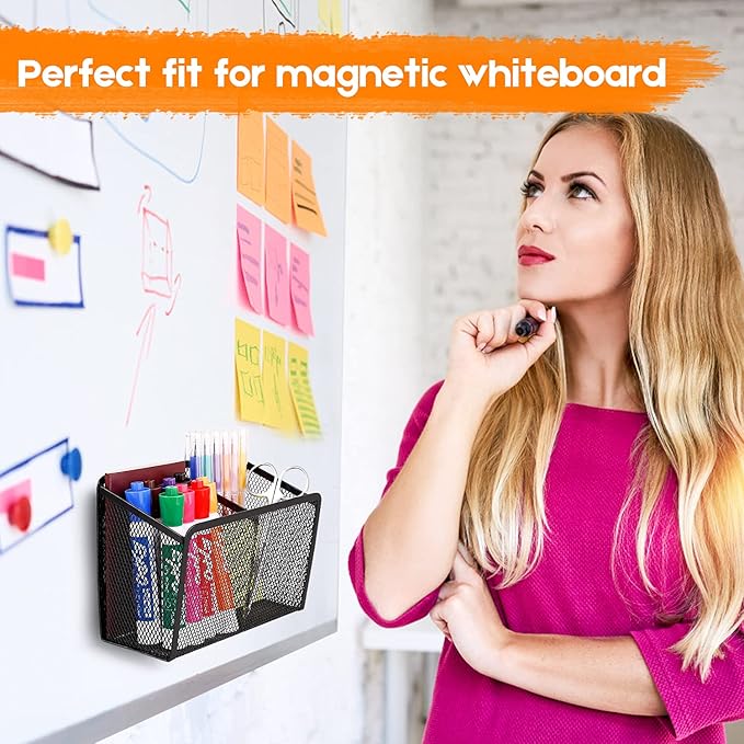 Magnetic Pencil Holder - Extra Strong Magnets Mesh Marker Holder Perfect for Whiteboard, Refrigerator and Locker Accessories (2 Baskets, 1 Pack Black)