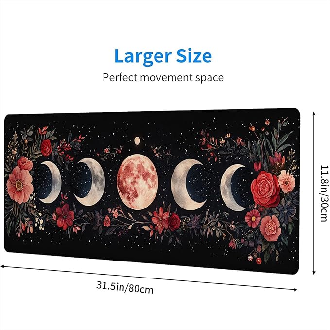 Moon Phase Desk Mat Gaming Mouse Pad - Watercolor Flowers Leaves Large Extended Mousepad for Laptop Keyboard - Office Computer Home Gaming Desk Pad 31.5"x11.8"