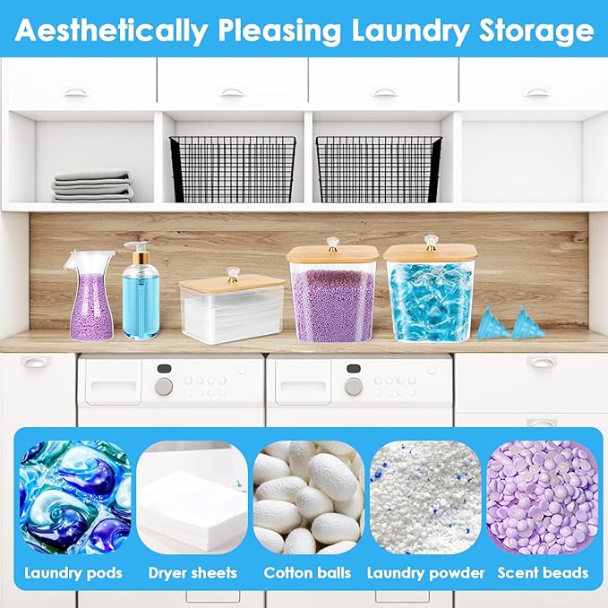 Laundry Storage Containers Set - 2 Pods Container, Dryer Sheet Holder With Lids, Plastic Detergent Dispenser Bottle, Scoops for Powder, Dryer Balls, Bead, Organizing