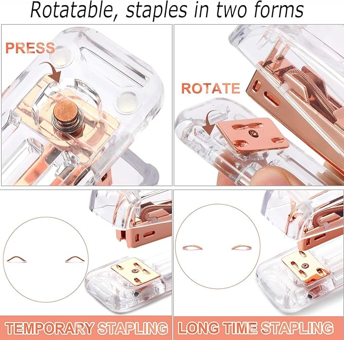 Rose Gold Desk Organizers and Accessories 7Pcs Set with 360-Degree Rotating Pen Holder, Acrylic Stapler, Tape Holder, Staple Remover, Binder/Paper Clips Kit, Scissor and 1 Box of Staples