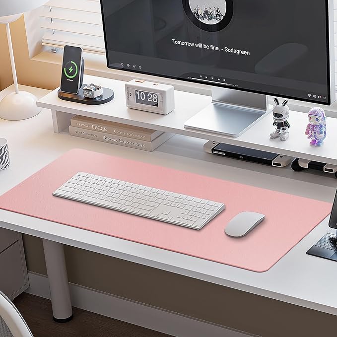 Boutilon Leather Desk Pad Protector,Non-Slip Mouse Pad,Laptop Desk Pad,Office Mouse Mat,Waterproof Leather Desk Blotter,Desk Writing Pad for Office and Home (M-Pink,30"x14")