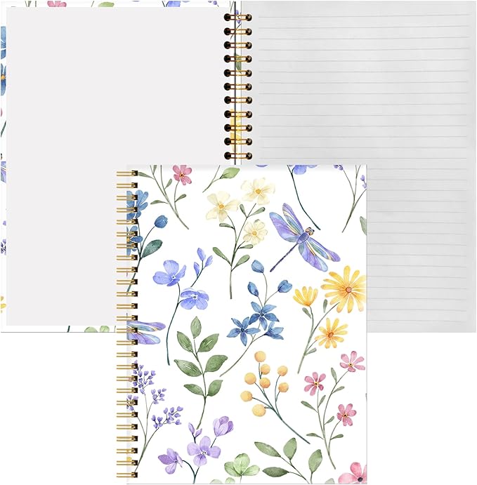 Spiral Notebook A5, Hardcover Journal for Women, 120 Pages Thick College Ruled Paper, Perfect for Office, School, or Home Use(Dragonfly and Flowers)