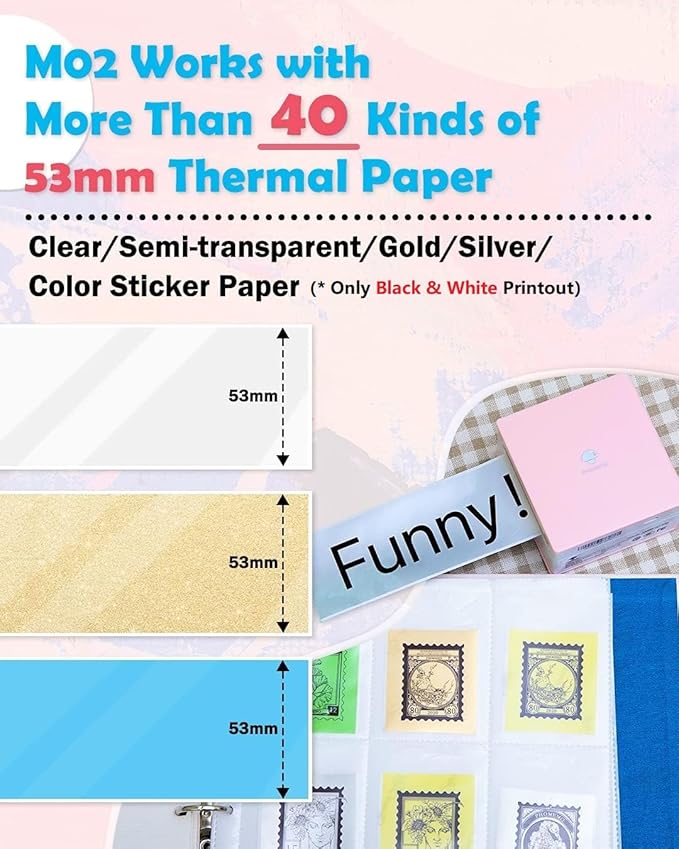 Phomemo Mini Sticker Printer- Mini Printer Sticker Maker Machine M02, Print Pods Suitable for Creative DIY, Diaries, Photos, Study Notes, Portable Thermal Inkless Label Maker for Home/Travel, Pink