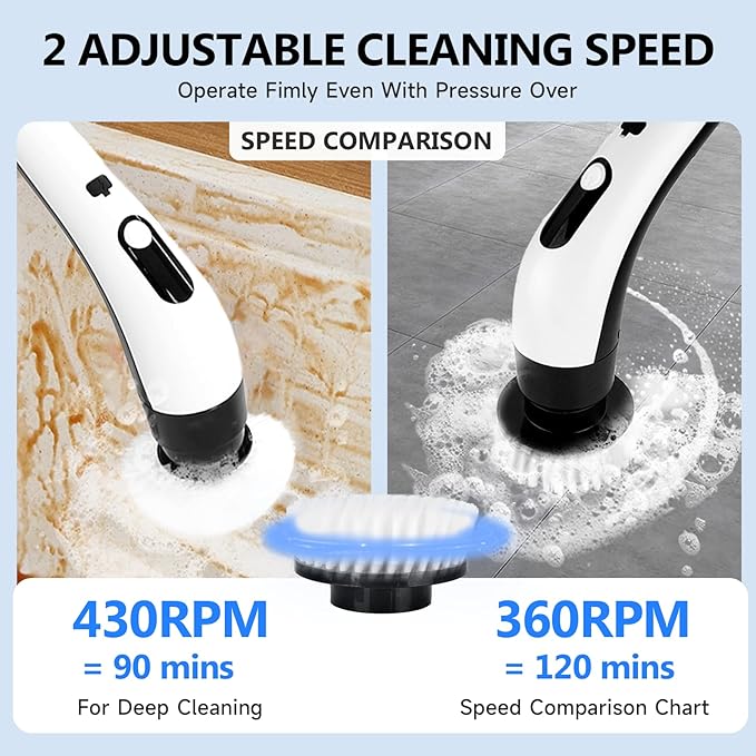 PUNOMO Electric Spin Scrubber, Cordless Waterproof Cleaning Brush with 8 Replaceable Brush Heads - 120Mins Work Time Adjustable Long Handle 2 Speeds 360 Power Scrubber for Bathroom Shower Kitchen Car