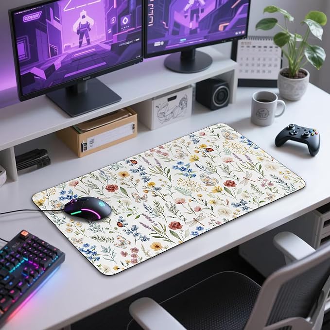 Flower Large Gaming Mouse Pad 31.5"x15.7"｜ Weed Floral Plants XXL Desk Mat, Non-Slip Rubber Base & Stitched Edges - Extended Waterproo Mousepad for PC/Laptop/Office/Home Decor