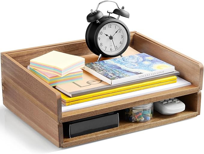 DRASTAR Paper Organizer Letter Tray, 2 Packs Acacia Wooden Stackable Letter Tray, A4 File Sorter Desk Organizer, Desk Organizers and Accessories for Home Office Supplies