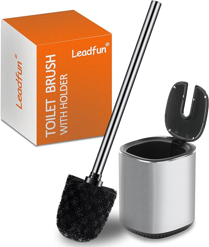 Leadfun Toilet Bowl Brush and Holder, Toilet Brush with Stainless Steel Handle and Durable Bristles for Bathroom Cleaning, Automatic Closing Holder Set (Silver)