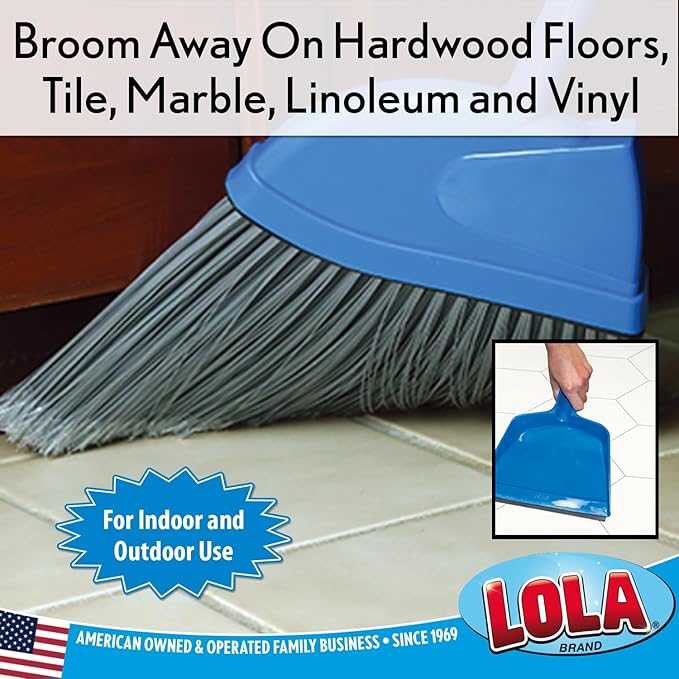 Angle Broom w/Dustpan, Indoor, 9.25" W Head, Smaller Style- Made w/Recycled Soda Bottles & Polished Aluminum Lightweight Handle, by LOLA, 1 Count