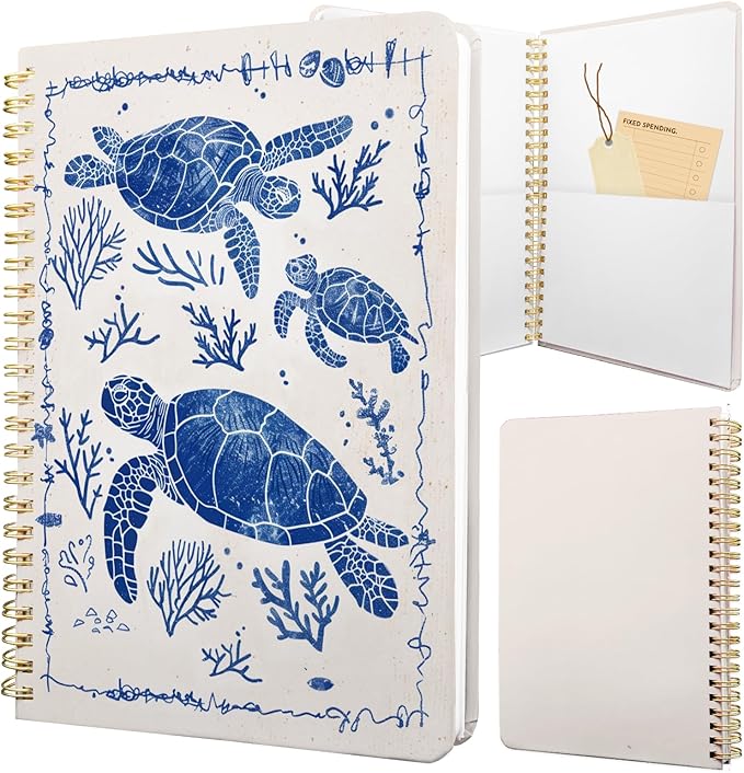 Cute Spiral Notebook journal A5 Aesthetic Pretty Floral Design for Women Girls Kawaii with Pocket, 8.5 x 5.7 inch, Turtle