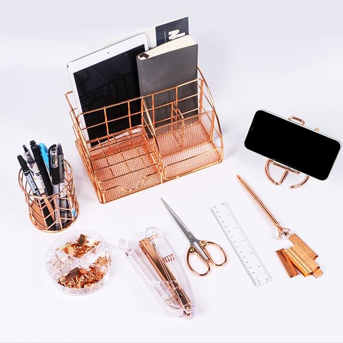 Rose Gold Desk Organizers and Accessories Office Supplies Set Stapler, Pen Holder, Phone Holder, Scissors, Pen, Ruler, 30 Paper Clips, 22 Binder Clip, 20 Tacks and 1000pcs Staples