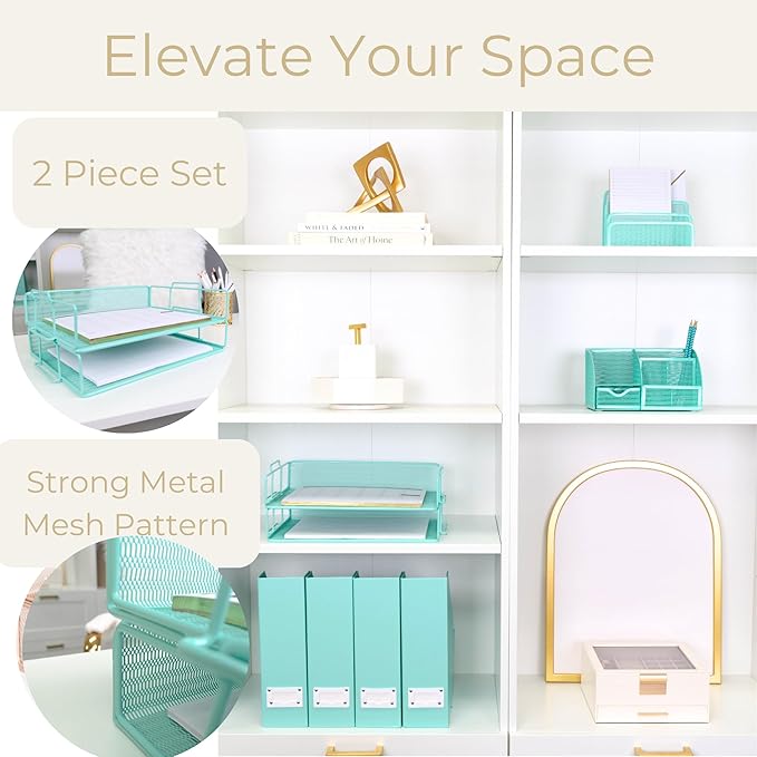 BLU MONACO Aqua Mesh Paper Tray – Set of 2 Stackable Letter Trays – Durable Metal Desk Organizer for Home, Office & School – Stylish Document Holder, File Storage, and Workspace Organizer