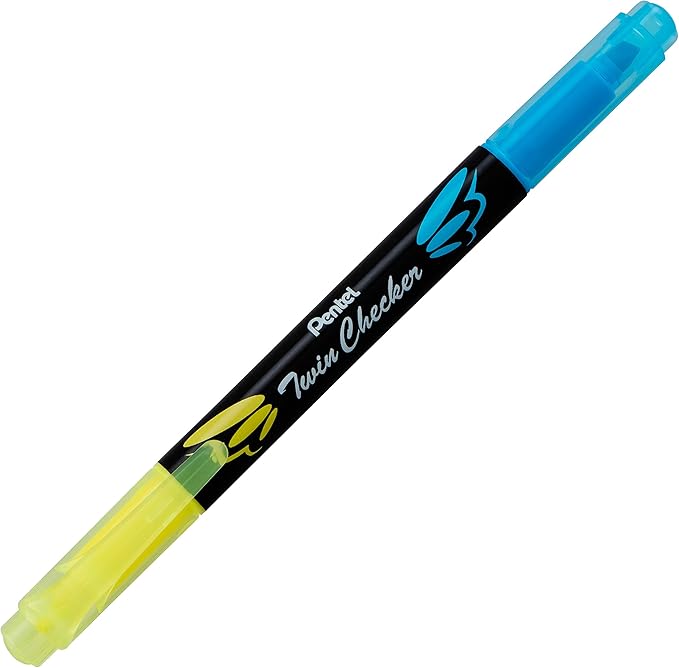 Pentel Twin Checker Dual-tip Highlighter, Chisel Tip, Yellow/Blue Ink, Pack of 12 (SLW8-GS)