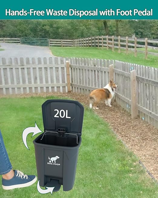 Dog Poop Trash Can Outside – 20L Outdoor Pet Waste Bin with Foot Pedal Lid, Removable Inner Bucket & 100 Bags – Waterproof, Odor Control Trash Can for Backyard, Patio, Garden