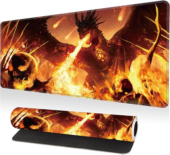 Large Desk Mat, Desk Matt for Desktop, Computer Gaming Mouse Pads, Anti-Slip Rubber Base, Stitched Edges Soft Mat for Desktop Office Home 31.5 x 11.8 Inches (Flaming Dragon)