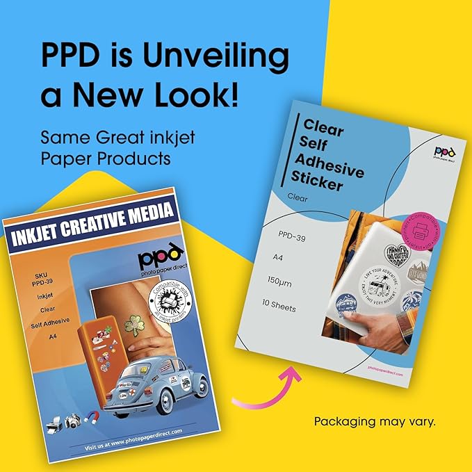 PPD Premium Printable Vinyl Sticker Paper for Inkjet Printer - 10 Sheets Clear Transparent Sticker Paper 8.5 x 11 - Self-Adhesive, Tear Resistant, Instant Dry - PPD-39-10