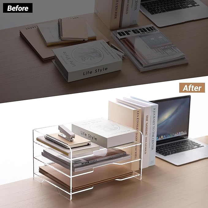 SANRUI Paper Letter Tray Organizer 3 Tier Acrylic Desk File Organizer with Bottom Handle, Paper Sorter Organizer for Letter/A4 Office Organization,Clear