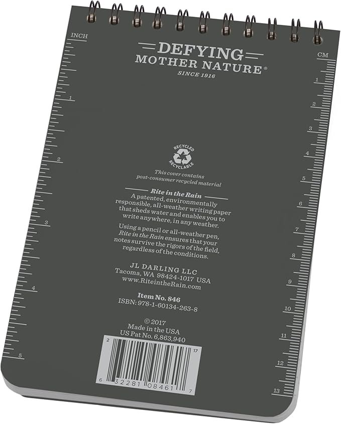 Rite in the Rain Weatherproof Top-Spiral Notebook, 4" x 6", Gray Cover, Universal Pattern, 3 Pack (No. 846-3)