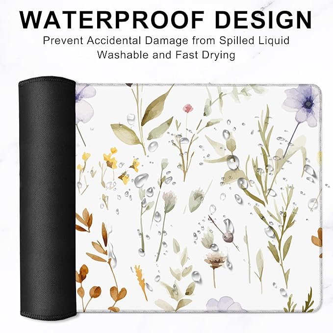 Gaming Mouse Pad, Watercolor Floral Wildflowers Large Desk Mat for Keyboard and Mouse,Non-Slip Rubber Base and Stitched Edges Desk Pad for Home Office 35.4x15.7in