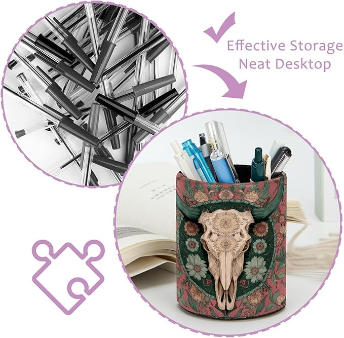 Vintage Western Skull Floral Flower Bones PVC Leather Circular Pencil Holder for Desk Organizer Stationery Holder for Office, School(3.9 x 3.1 Inches)