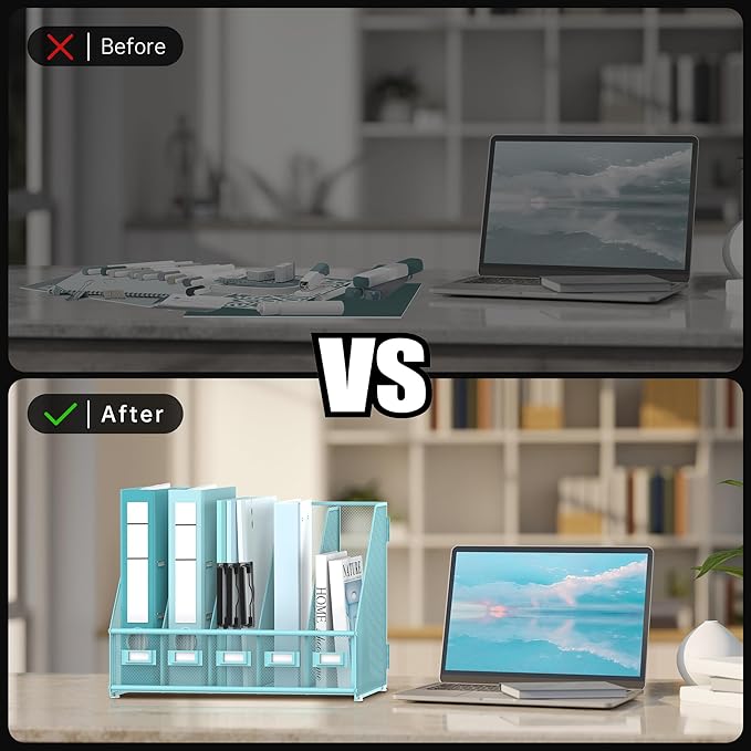 DALTACK Desk Organizers Metal Magazine File Holder with 5 Vertical Compartments Folder Storage Binder Organizer for Office Home School Organization, Blue Plus